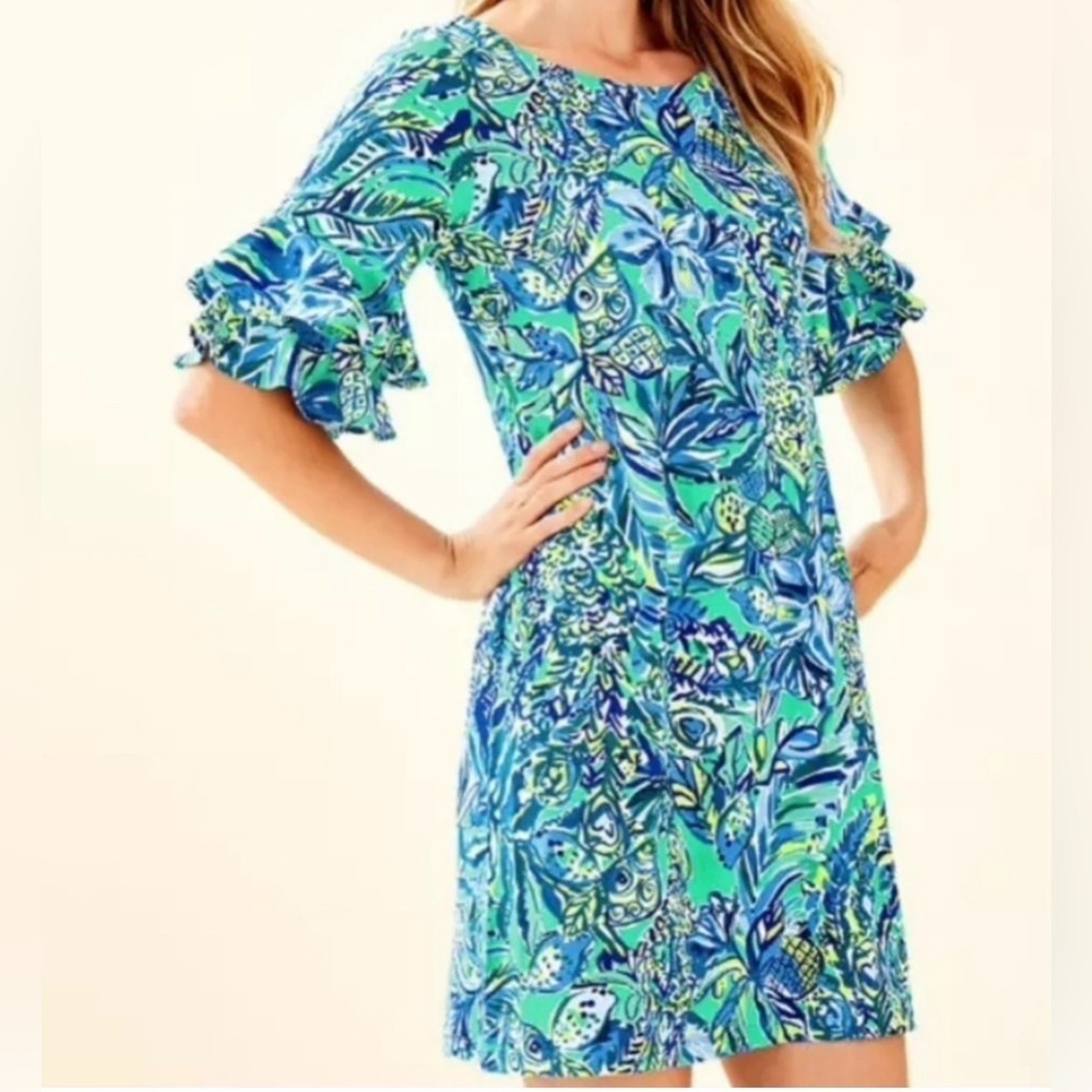 Lilly pulitzer Lula Bonnet  Dress Flutter Ruffle sleeves dress  green & Blue  L
